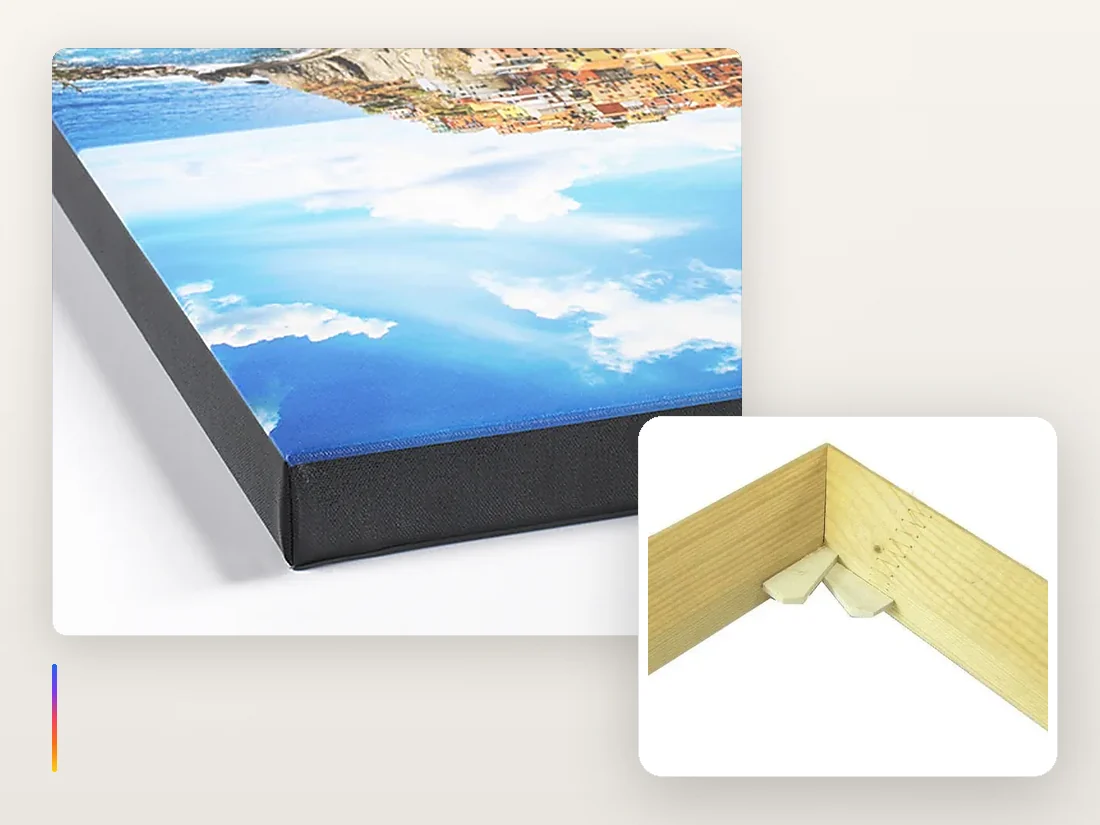 Finished canvas print with a gallery-wrapped edge, next to a wooden stretcher bar corner
