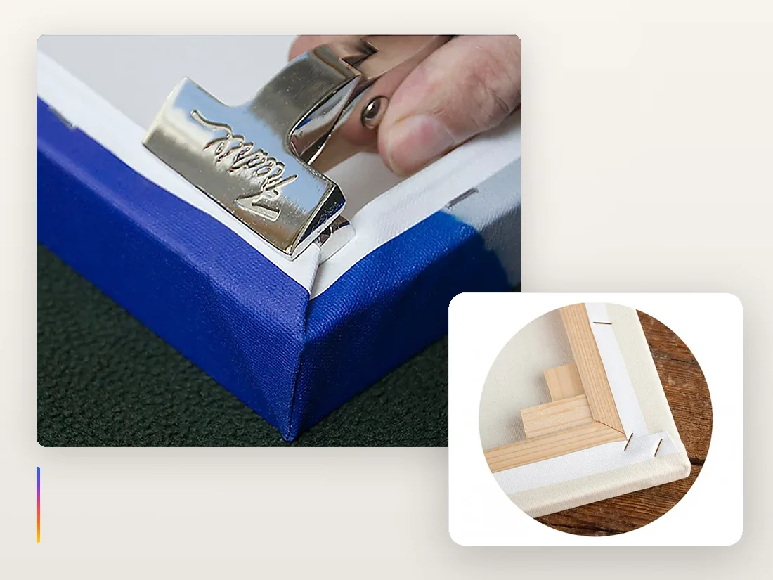 Canvas hand-stretched over a wooden frame with canvas pliers, next to a finished frame corner