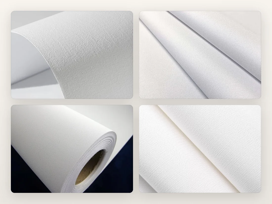 Cotton, polyester and polyester-cotton canvas next to a Vivid Walls wallpaper texture