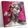 Silver-grey classical bust with fragmented pink paint shards and floral elements, bold digital art canvas for living room
