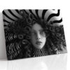 Hyper-rendered female face with spiral curls and op-art stripes, black and white digital art portrait canvas print