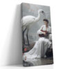Woman in white dress with white crane and red flowering branches, serene oriental digital art canvas for bedroom
