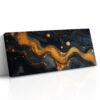 Fluid amber and gold wave forms on near-black navy, moody art deco abstract panoramic canvas for living room