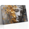 Classical Greco-Roman sculpted face with gold leaf fragments and paint drips, dramatic mixed-media canvas wall art