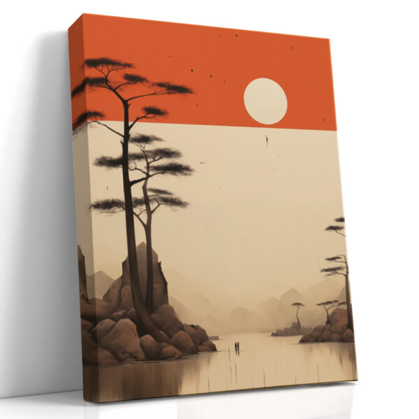 Burnt Orange Sunset Over Misty Lake Canvas Print
