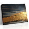 Abstract dark navy and amber gold clouds with metallic bars, dramatic mixed-media canvas for living room