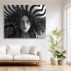 Hyper-rendered female face with spiral curls and op-art stripes, black and white digital art portrait canvas print