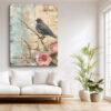 Bird on bare branch with pink roses and sheet music, vintage mixed-media wall art canvas for bohemian bedroom