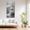 Woman in white dress with white crane and red flowering branches, serene oriental digital art canvas for bedroom