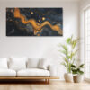 Fluid amber and gold wave forms on near-black navy, moody art deco abstract panoramic canvas for living room