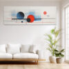 Bold abstract circles in vivid red and dark steel blue with geometric grid lines, panoramic canvas wall art