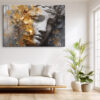 Classical Greco-Roman sculpted face with gold leaf fragments and paint drips, dramatic mixed-media canvas wall art