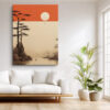 Burnt orange sky with white disc over misty pine and lake landscape, japandi style wall art for living room