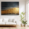 Abstract dark navy and amber gold clouds with metallic bars, dramatic mixed-media canvas for living room