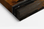 Abstract dark navy and amber gold clouds with metallic bars, dramatic mixed-media canvas for living room