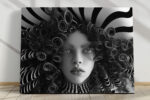 Hyper-rendered female face with spiral curls and op-art stripes, black and white digital art portrait canvas print