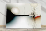 Abstract ovoid forms and branching lines in off-white and near black with vivid red accent, contemporary digital art canvas