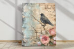 Bird on bare branch with pink roses and sheet music, vintage mixed-media wall art canvas for bohemian bedroom