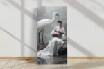 Woman in white dress with white crane and red flowering branches, serene oriental digital art canvas for bedroom