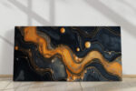 Fluid amber and gold wave forms on near-black navy, moody art deco abstract panoramic canvas for living room