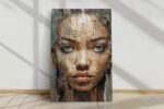 Woman's fragmented portrait across wood planks with blue eyes, warm tan and earthy tones, bold mixed-media canvas wall art