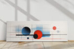 Bold abstract circles in vivid red and dark steel blue with geometric grid lines, panoramic canvas wall art