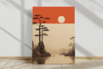 Burnt orange sky with white disc over misty pine and lake landscape, japandi style wall art for living room
