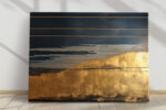 Abstract dark navy and amber gold clouds with metallic bars, dramatic mixed-media canvas for living room