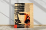 Duotone coffee cup collage in burnt orange and near black, mixed-media contemporary canvas print for kitchen or home office