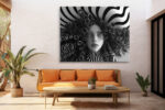 Hyper-rendered female face with spiral curls and op-art stripes, black and white digital art portrait canvas print
