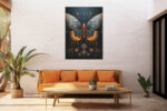 Mechanical butterfly with gear-filled wings in burnt orange and navy, steampunk illustration canvas for home office