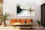 Abstract ovoid forms and branching lines in off-white and near black with vivid red accent, contemporary digital art canvas