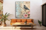 Bird on bare branch with pink roses and sheet music, vintage mixed-media wall art canvas for bohemian bedroom