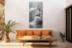 Woman in white dress with white crane and red flowering branches, serene oriental digital art canvas for bedroom