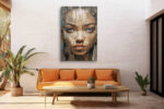 Woman's fragmented portrait across wood planks with blue eyes, warm tan and earthy tones, bold mixed-media canvas wall art
