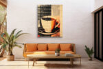 Duotone coffee cup collage in burnt orange and near black, mixed-media contemporary canvas print for kitchen or home office
