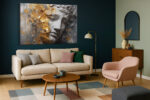 Classical Greco-Roman sculpted face with gold leaf fragments and paint drips, dramatic mixed-media canvas wall art