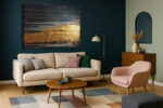 Abstract dark navy and amber gold clouds with metallic bars, dramatic mixed-media canvas for living room