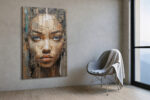 Woman's fragmented portrait across wood planks with blue eyes, warm tan and earthy tones, bold mixed-media canvas wall art