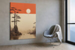 Burnt orange sky with white disc over misty pine and lake landscape, japandi style wall art for living room