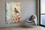 Bird on bare branch with pink roses and sheet music, vintage mixed-media wall art canvas for bohemian bedroom
