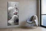 Woman in white dress with white crane and red flowering branches, serene oriental digital art canvas for bedroom