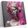 Silver-grey female bust with magenta paint splashes, digital art portrait canvas for contemporary living room or bedroom