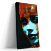 Cyan-lit halftone portrait with vivid orange dome pattern, high-contrast digital art canvas for living room or home office
