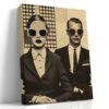 Two suited figures with halftone faces in warm sepia tones, retro collage mixed-media wall art for home office