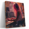 Tattooed pink-haired woman at mixing console, warm rose and burnt orange tones, contemporary portrait canvas art