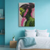 Woman's profile portrait in forest green with magenta paint drips, bold contemporary oil painting canvas for living room