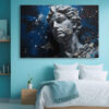 Fractured classical marble bust in navy blue and cool grey, dramatic digital art canvas for living room or home office