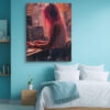Tattooed pink-haired woman at mixing console, warm rose and burnt orange tones, contemporary portrait canvas art