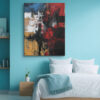 Bold abstract acrylic with deep crimson, ochre gold, and near-black paint blocks, moody expressionist wall art canvas